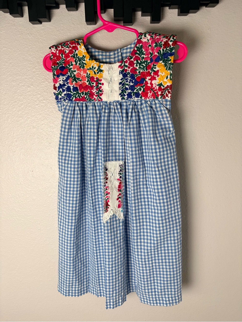 Mi Golondrina Blue Gingham Dress with Multicolor Floral Embroidery Girls Size 4T